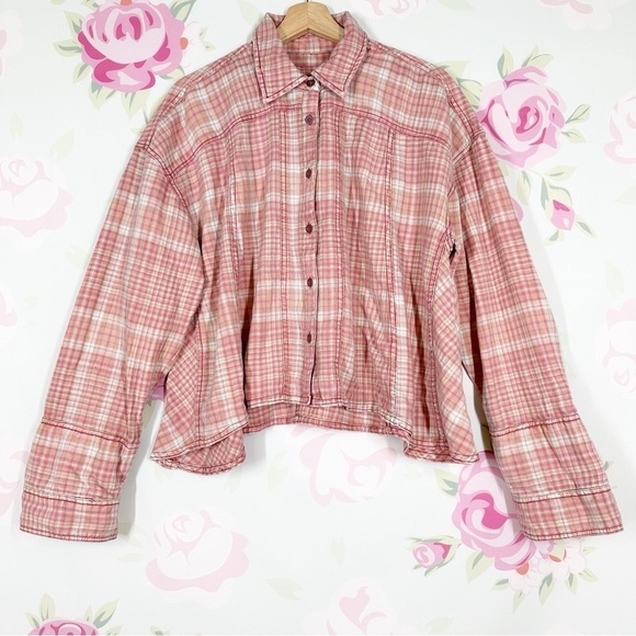 Free People Tops - NEW Free People Pink Plaid Long Sleeve Button Down Shirt Top S